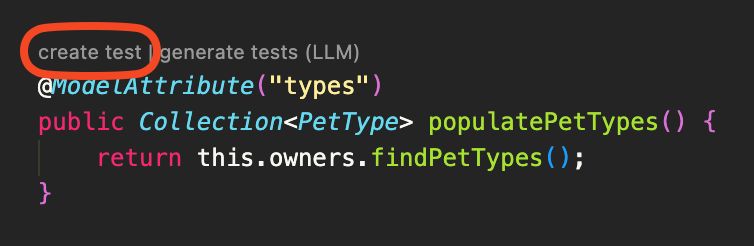 Use the &#39;create test&#39; code lens for one-click test template generation