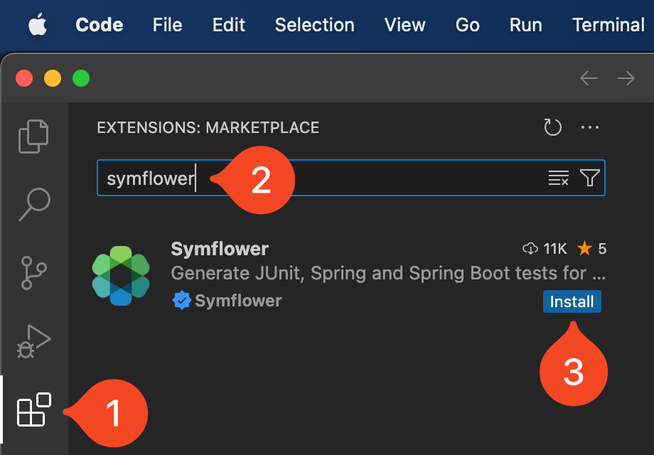 Open Extensions, search for &quot;symflower&quot;, and click &quot;Install&quot;.