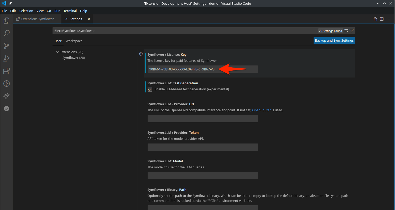 Enter your Symflower license key in the field labelled &quot;License Key&quot; in Symflower&#39;s extension settings.